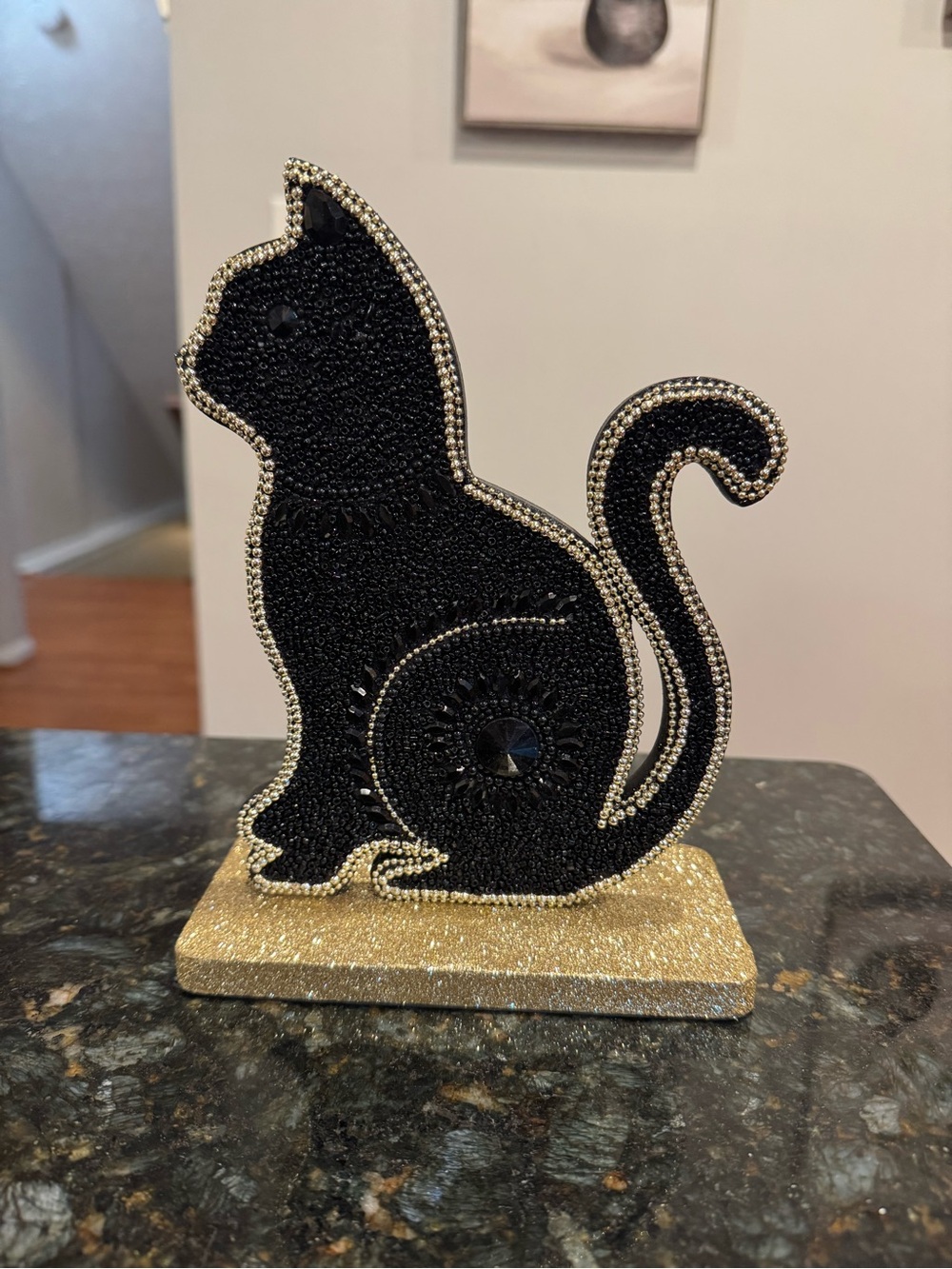 Cute Black Cat Beaded Halloween Tabletop Decor Gold Base New
